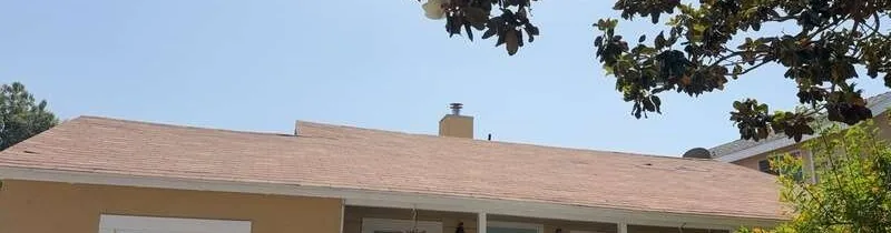 Broad tan asphalt shingle front roof slope with a central chimney and tree canopy along the upper edge